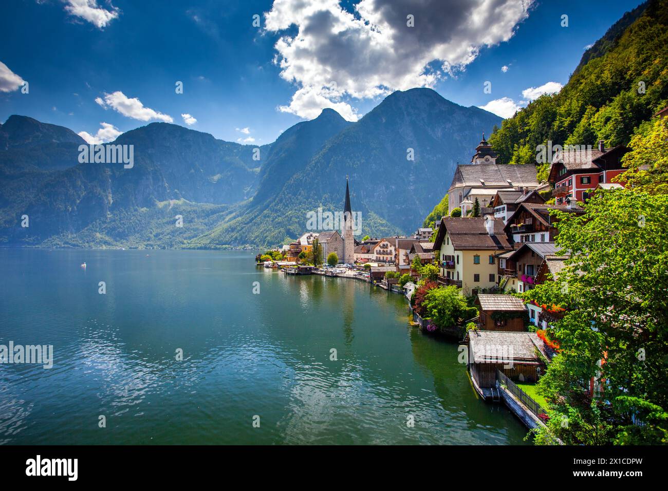 Hallstatt village by the lake with alpine mountains and clear skies Stock Photo