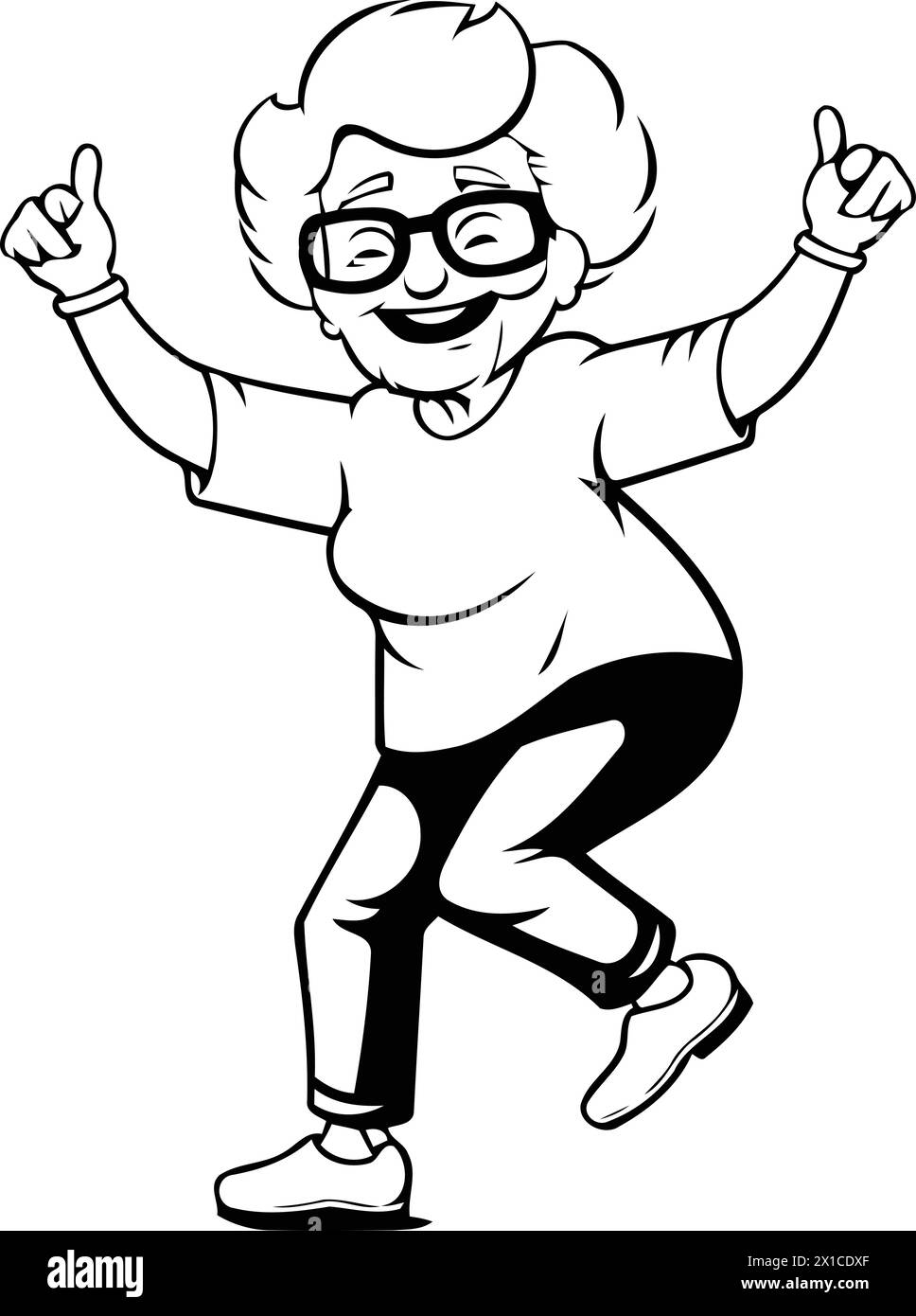 Elderly woman with glasses dancing and smiling. Vector illustration. Stock Vector
