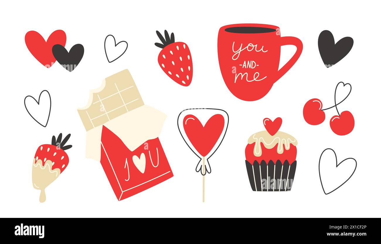 Set of Valentine's day elements with different sweets, lollipop and chocolate bar Stock Vector
