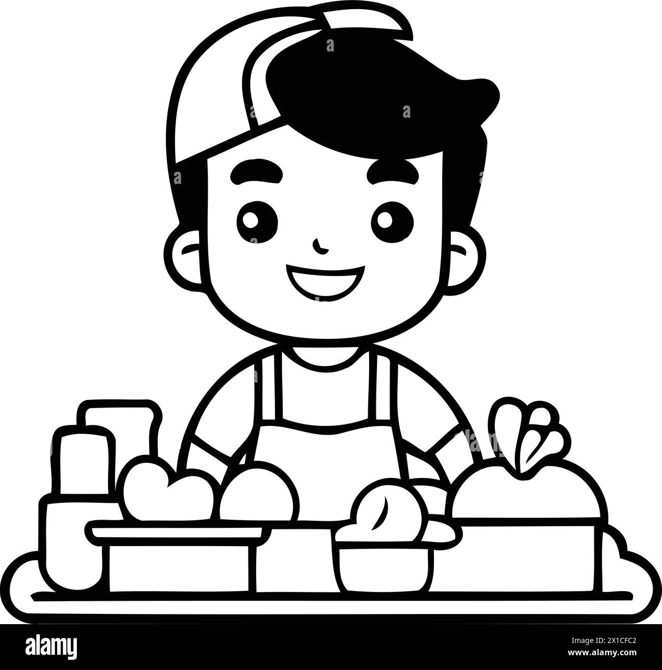 Cartoon boy choosing fruits and vegetables in supermarket. vector illustration. Stock Vector