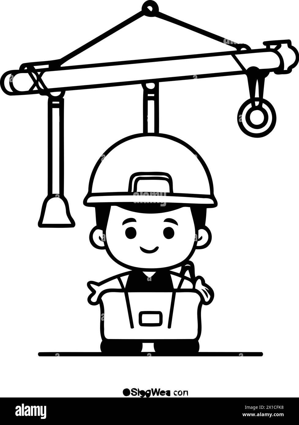 Cartoon construction worker with crane. Vector illustration. Eps 10. Stock Vector