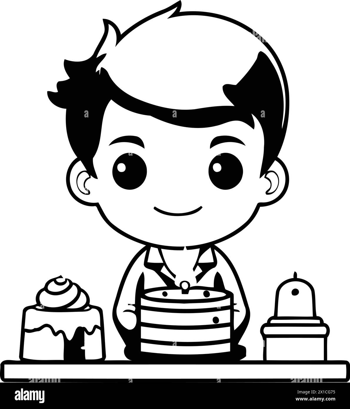 Cute boy celebrating birthday with cake and candles. Vector illustration. Stock Vector