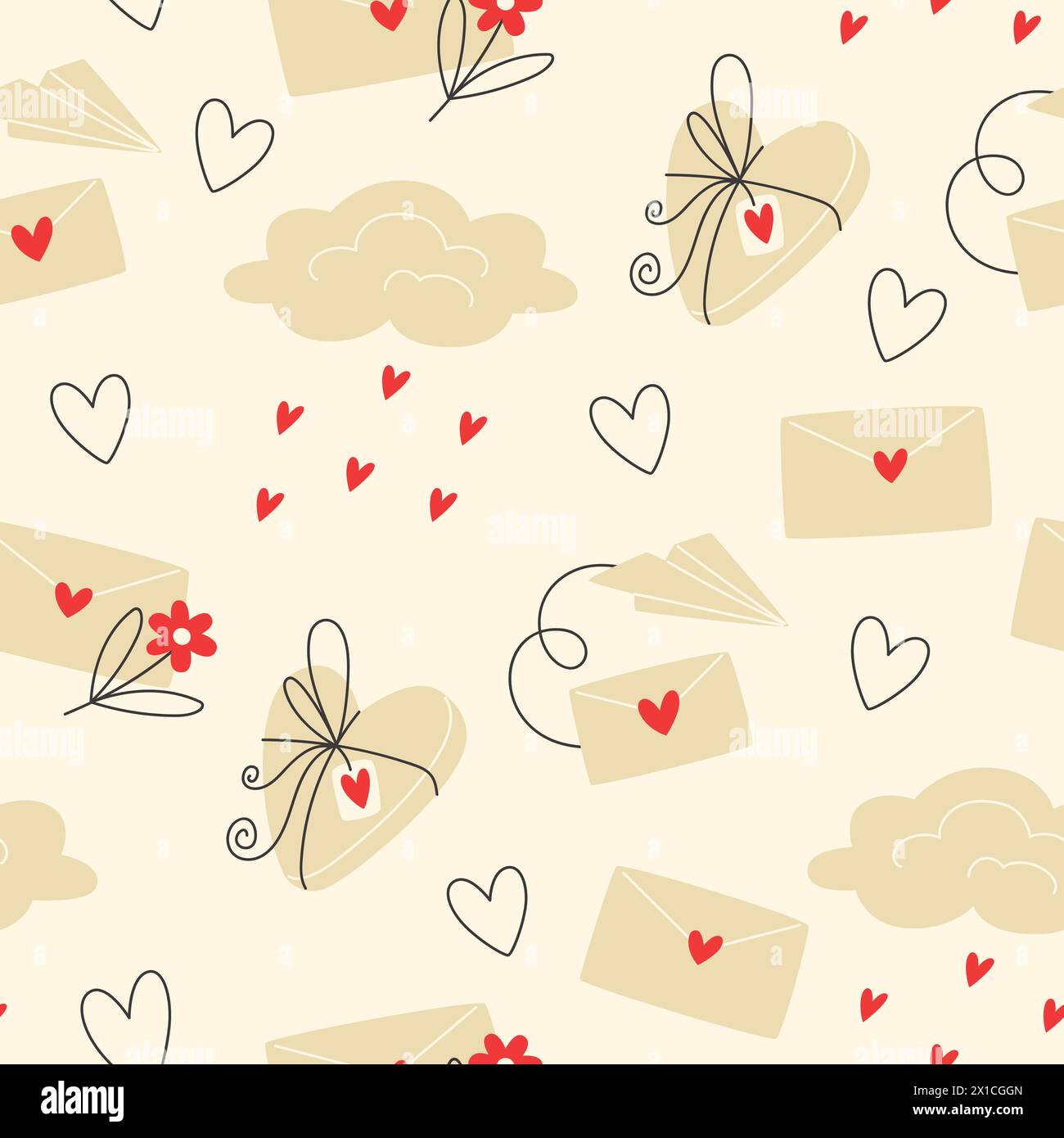 Seamless pattern with gift boxes and clouds for Valentine's Day Stock Vector