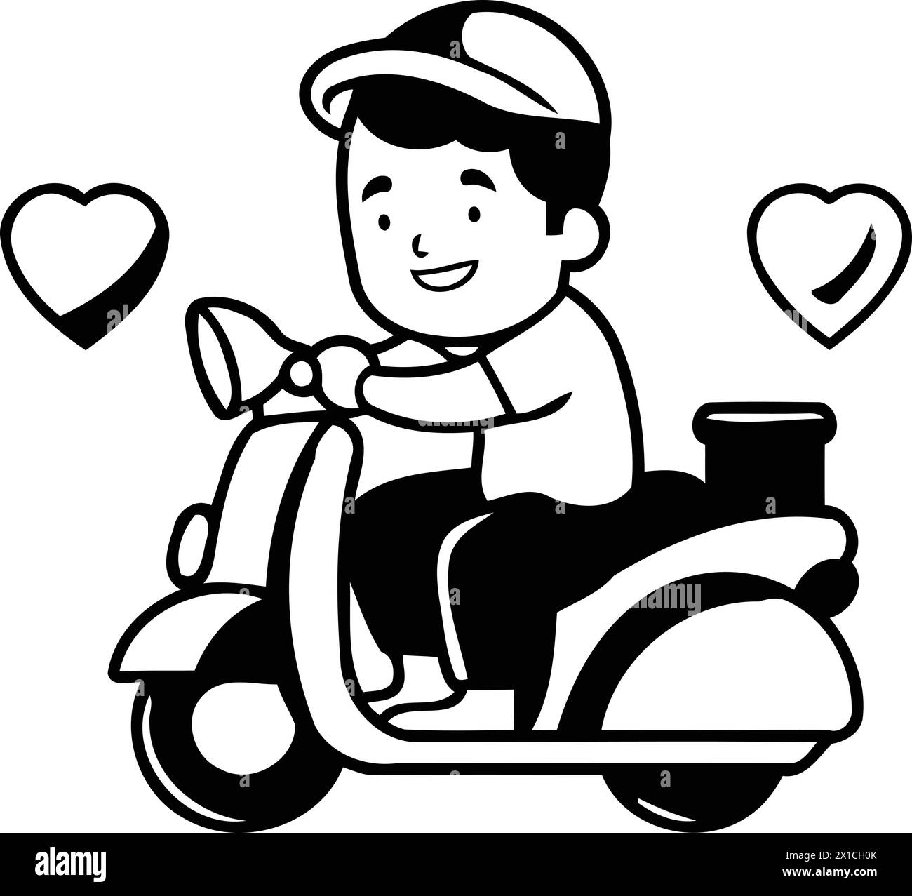 Cute boy riding a scooter with hearts. Vector illustration. Stock Vector