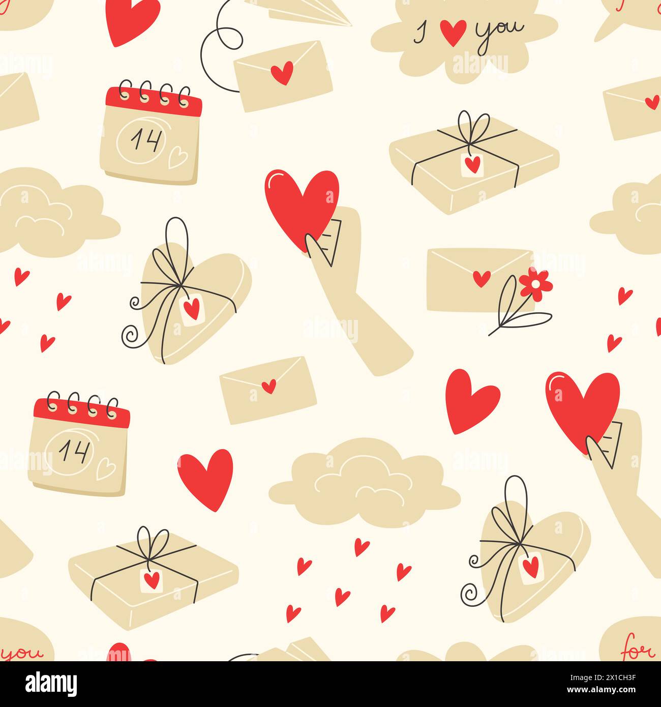 Seamless pattern with a calendar, gift boxes and clouds for Valentine's Day Stock Vector