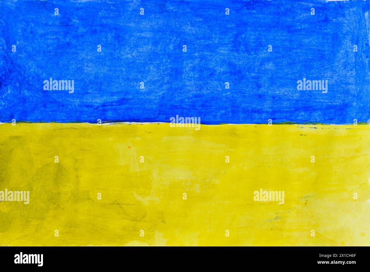 Flag of Ukraine painted with watercolors on cardboard. Stock Photo