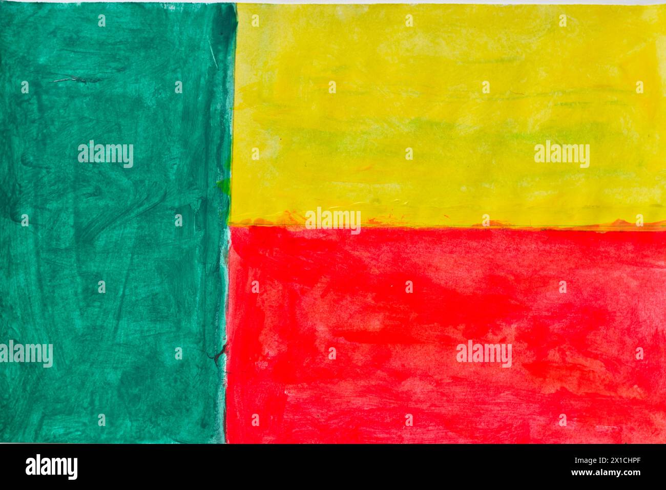 Flag of Benin painted with watercolors on cardboard. Stock Photo