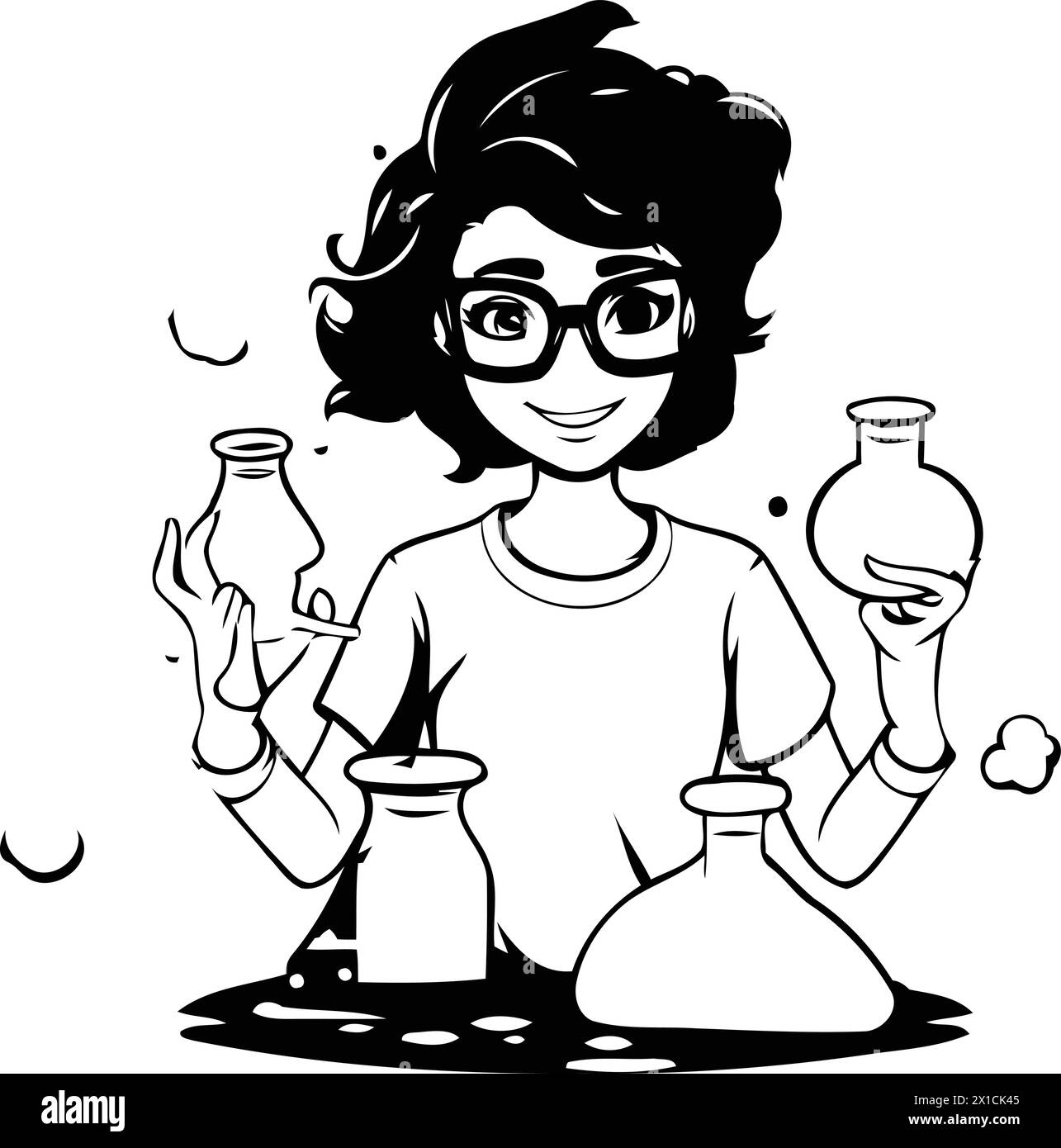 Scientist woman with test tubes. Vector illustration in cartoon style