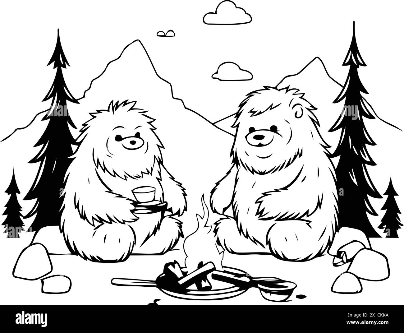 Vector illustration of two polar bears sitting on a campfire in the