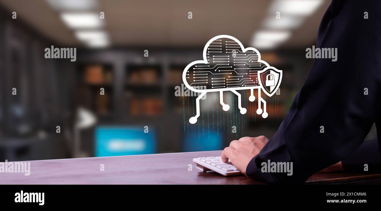 entrepreneur stores data securely and encrypted on a server or in an online cloud Stock Photo