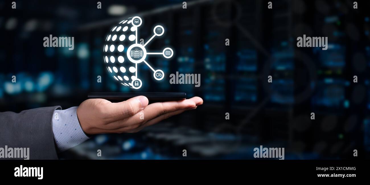 cybersecurity concept. businessman holds cloud hologram with shield and padlock. it rains binary code. Stock Photo