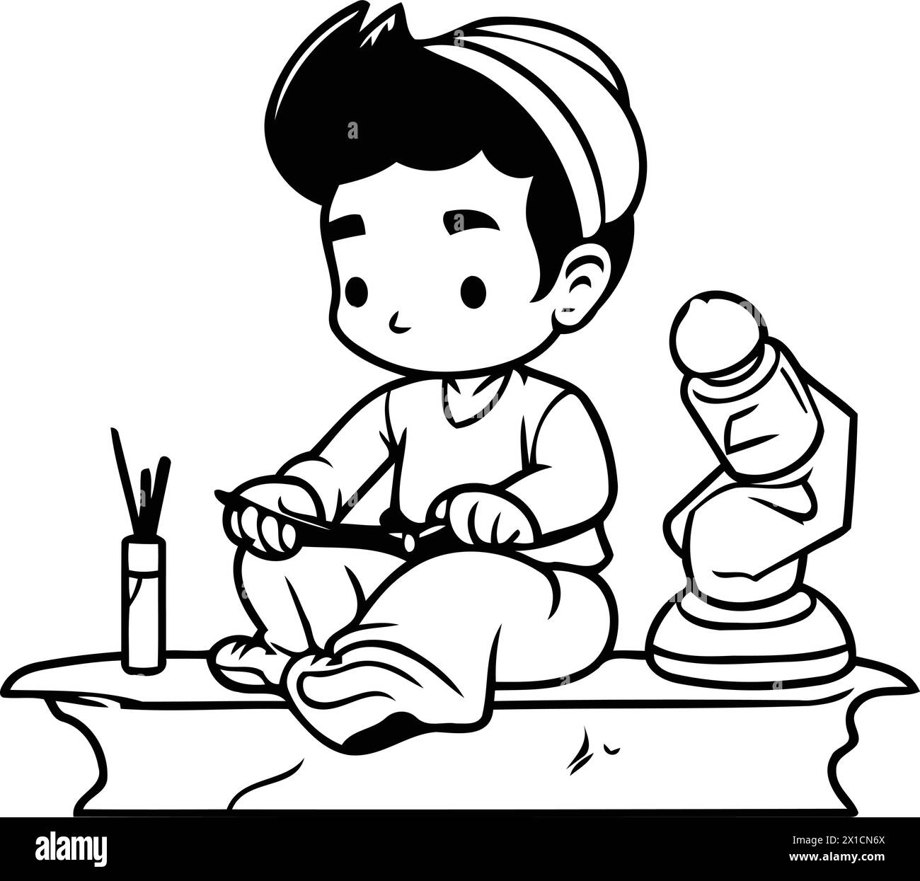 Cute little boy playing with a wooden toy. Vector illustration. Stock Vector
