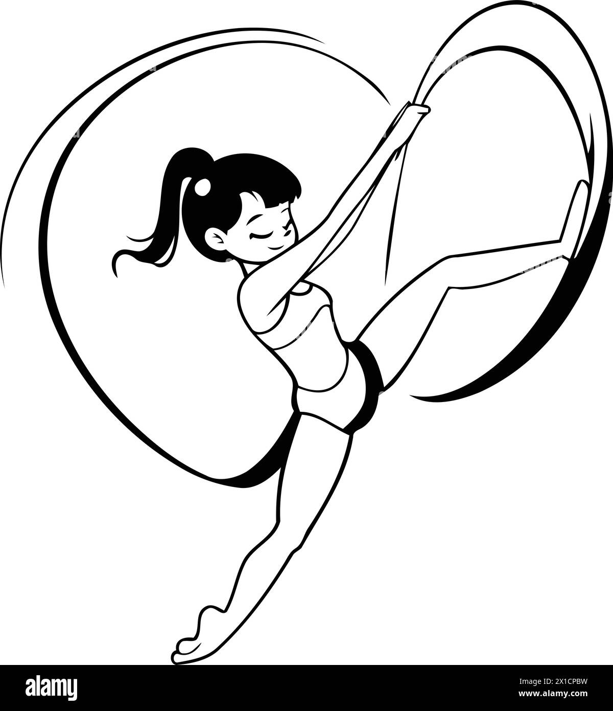 Gymnast girl in red swimsuit doing gymnastic exercise with hoop. Vector
