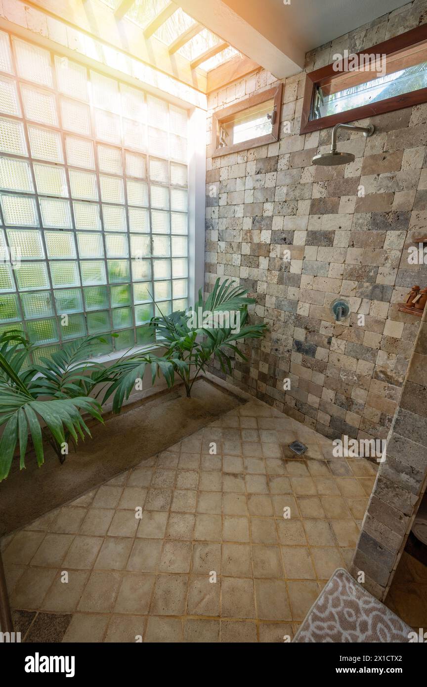 Natural stone bathroom shower with big window and green plants Stock Photo