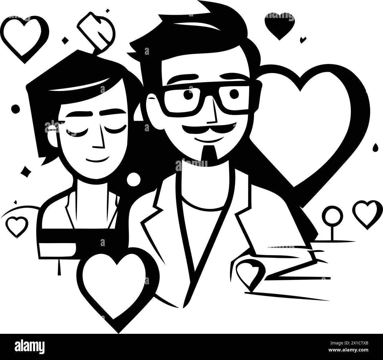 Vector illustration of doctor and patient in love. Line art style