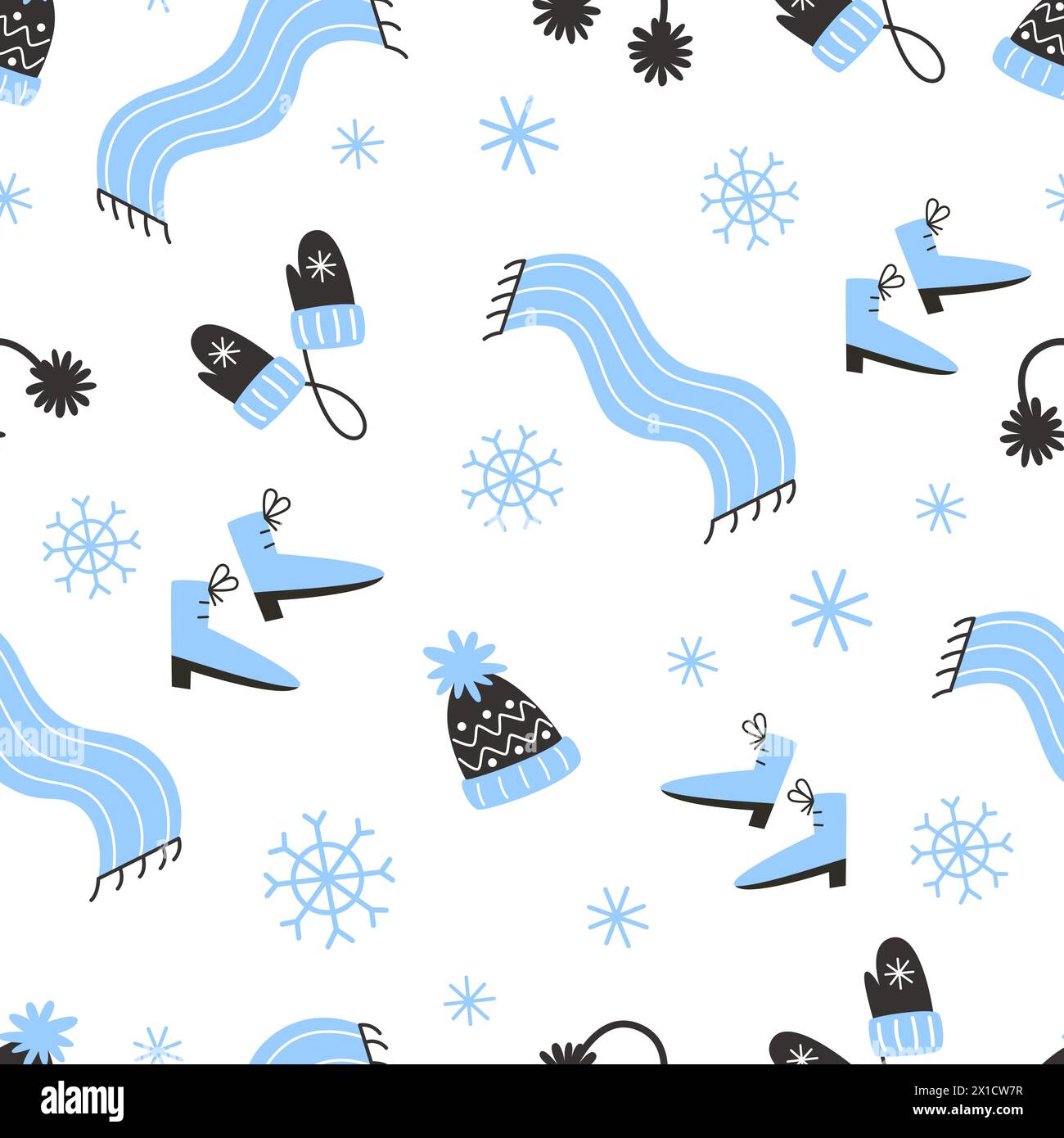 Festive winter pattern with cozy elements in flat style Stock Vector