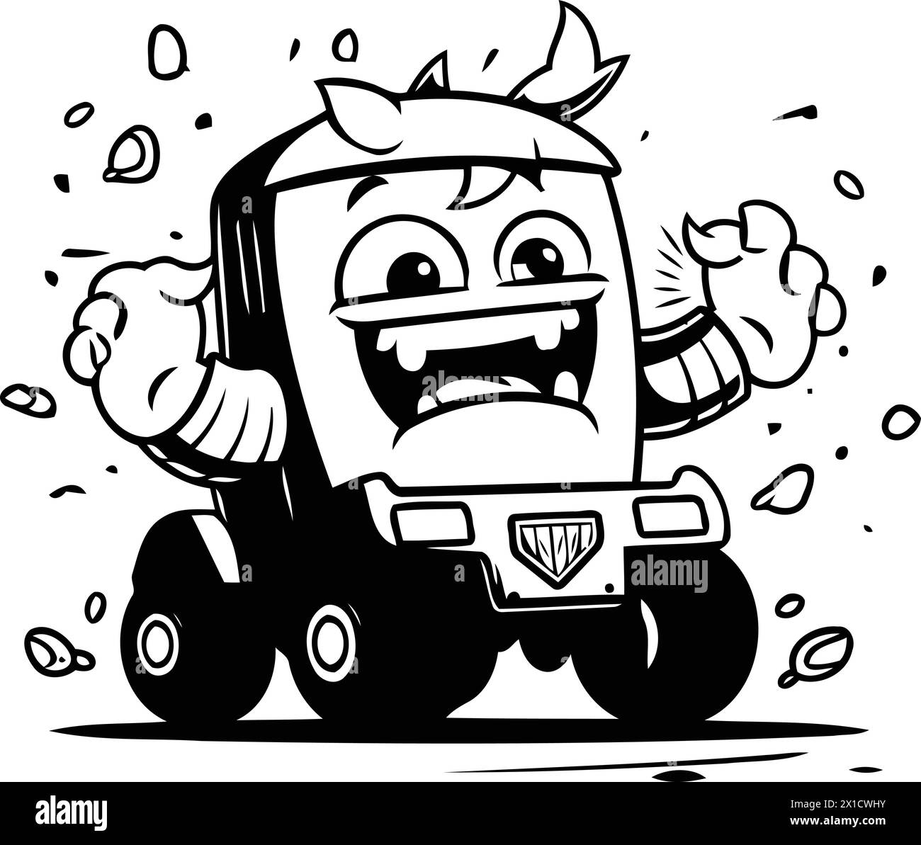 Funny green monster truck. Vector illustration. Cartoon character design. Stock Vector