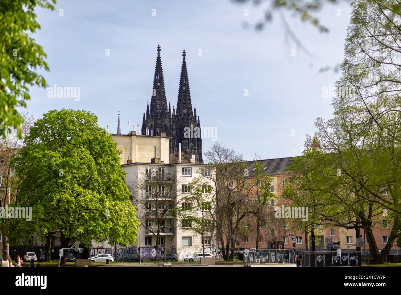 Cologne Cathedral twin towers rising high above city skyline Stock ...