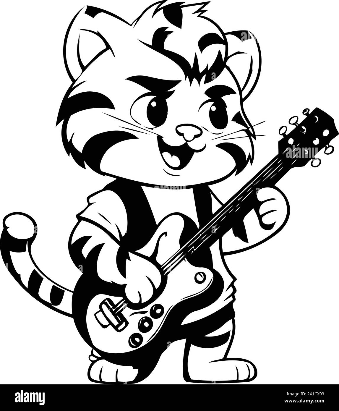 Cute little tiger playing the electric guitar. Cartoon vector