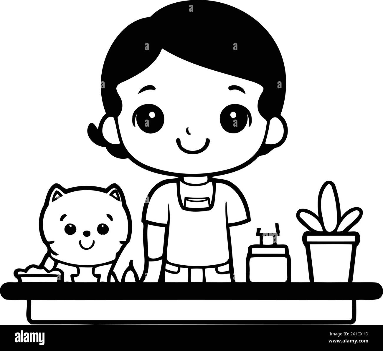 Cute little boy with cat in pet shop. Vector illustration. Stock Vector