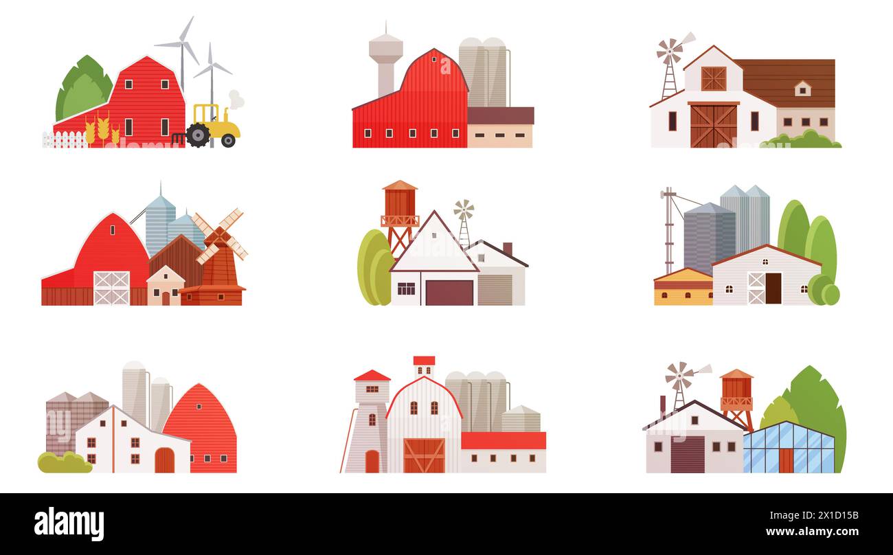 Farm buildings of agricultural complex set. Rural houses of modern village collection, factory warehouse for wheat harvest storage and distribution, barn and air turbines cartoon vector illustration Stock Vector