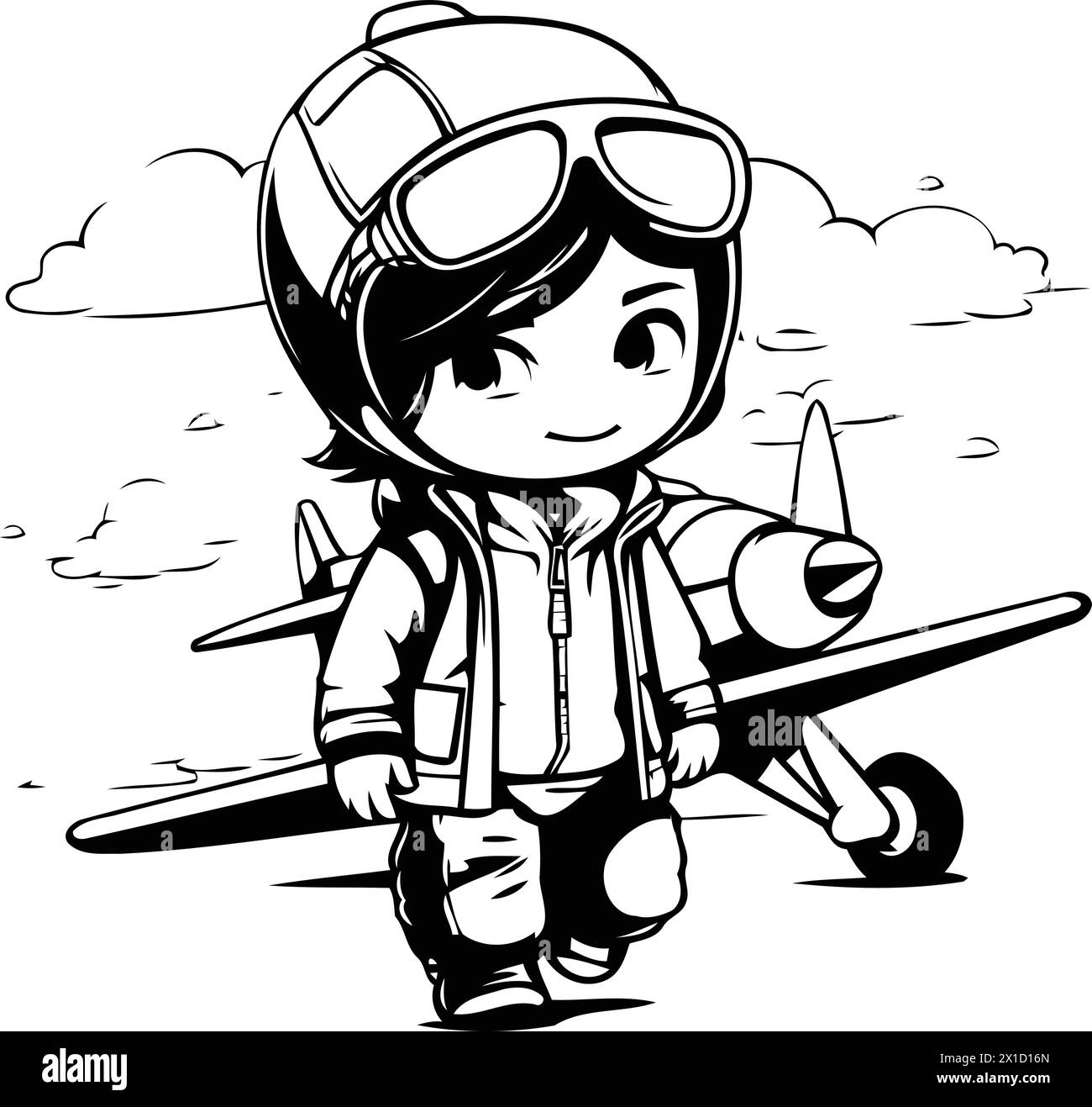 Cute little boy in aviator helmet and airplane. Vector illustration. Stock Vector