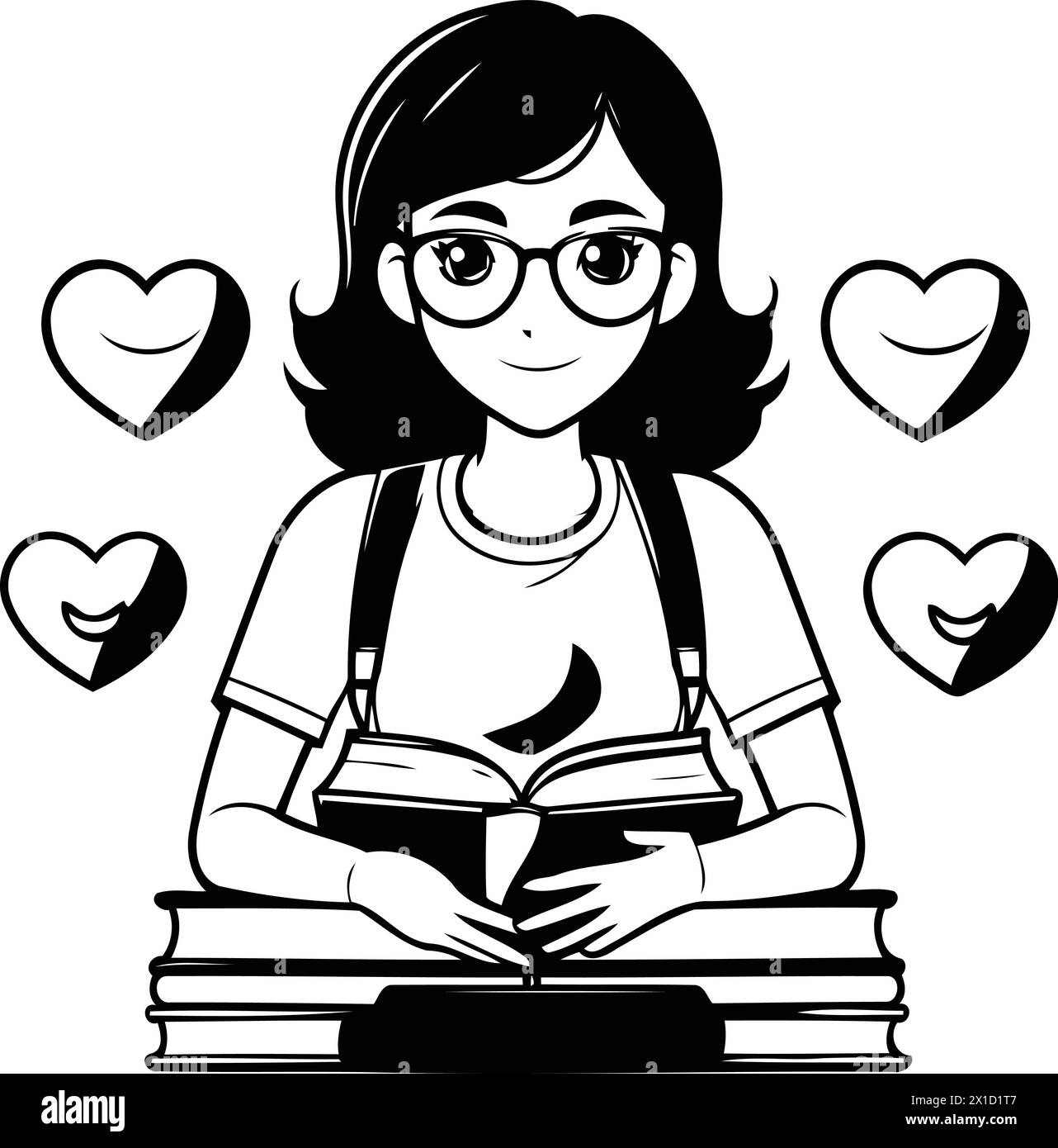 Girl reading a book with red hearts around her. Vector illustration. Stock Vector