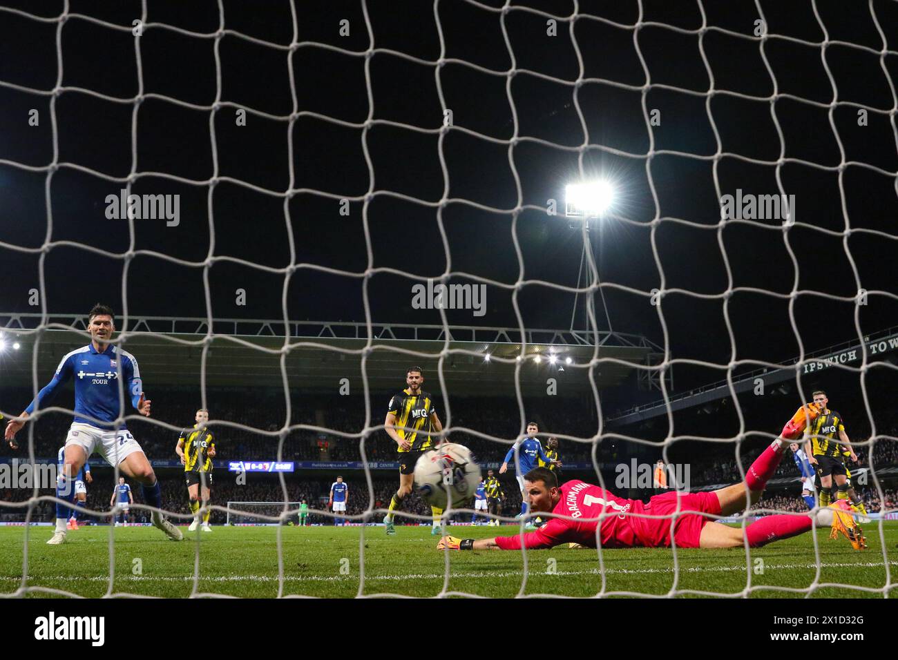 Nathan Broadhead of Ipswich Town shoots at goal but his effort comes back off the post with