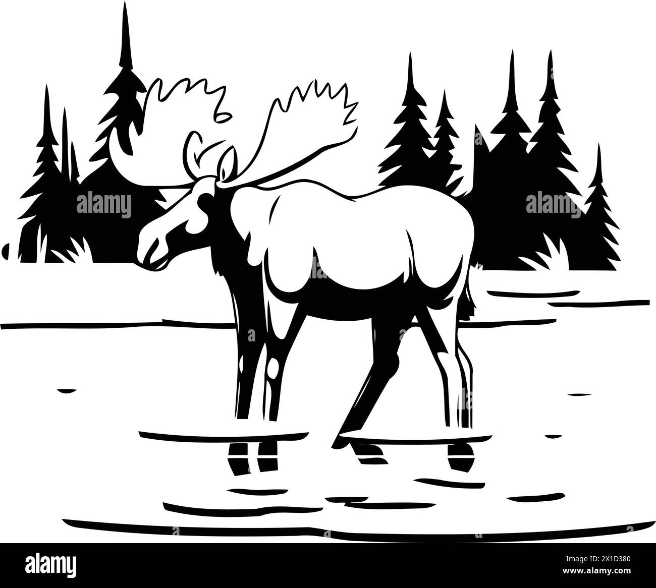 Moose on the river bank. Vector illustration in cartoon style. Stock Vector