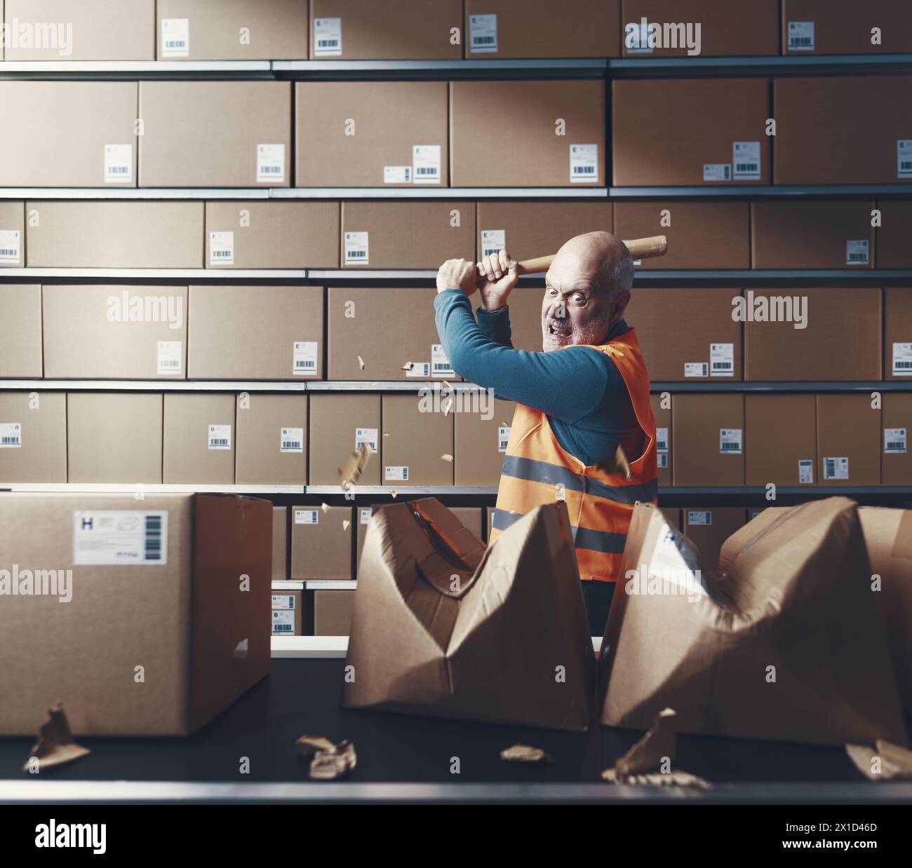 Crazy rebellious warehouse worker smashing cardboard boxes with a baseball bat Stock Photo Alamy