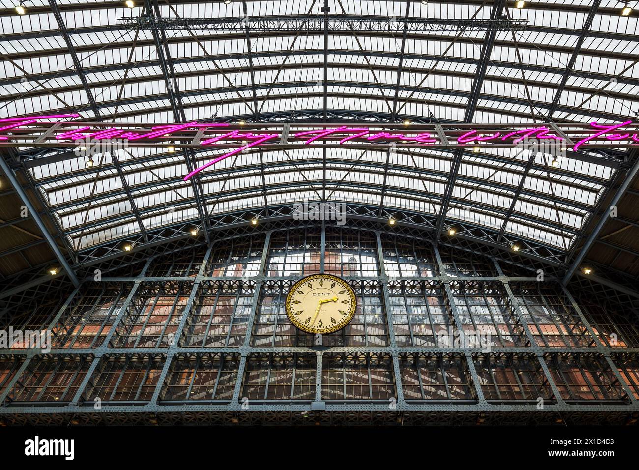 Roof and old clock inside St Pancras international railway station, London UK Stock Photo