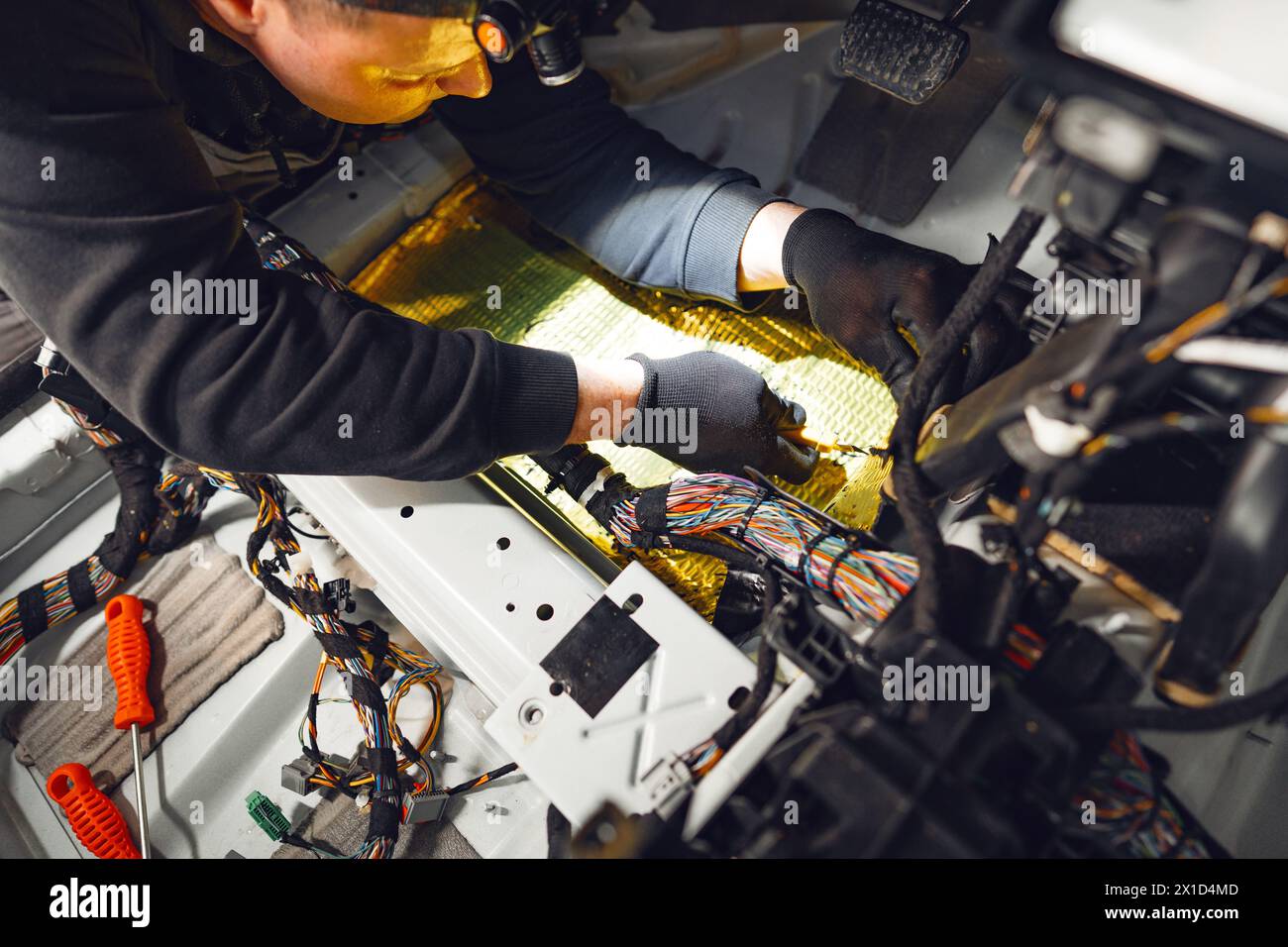Process of installation car soundproofing material in car service Stock