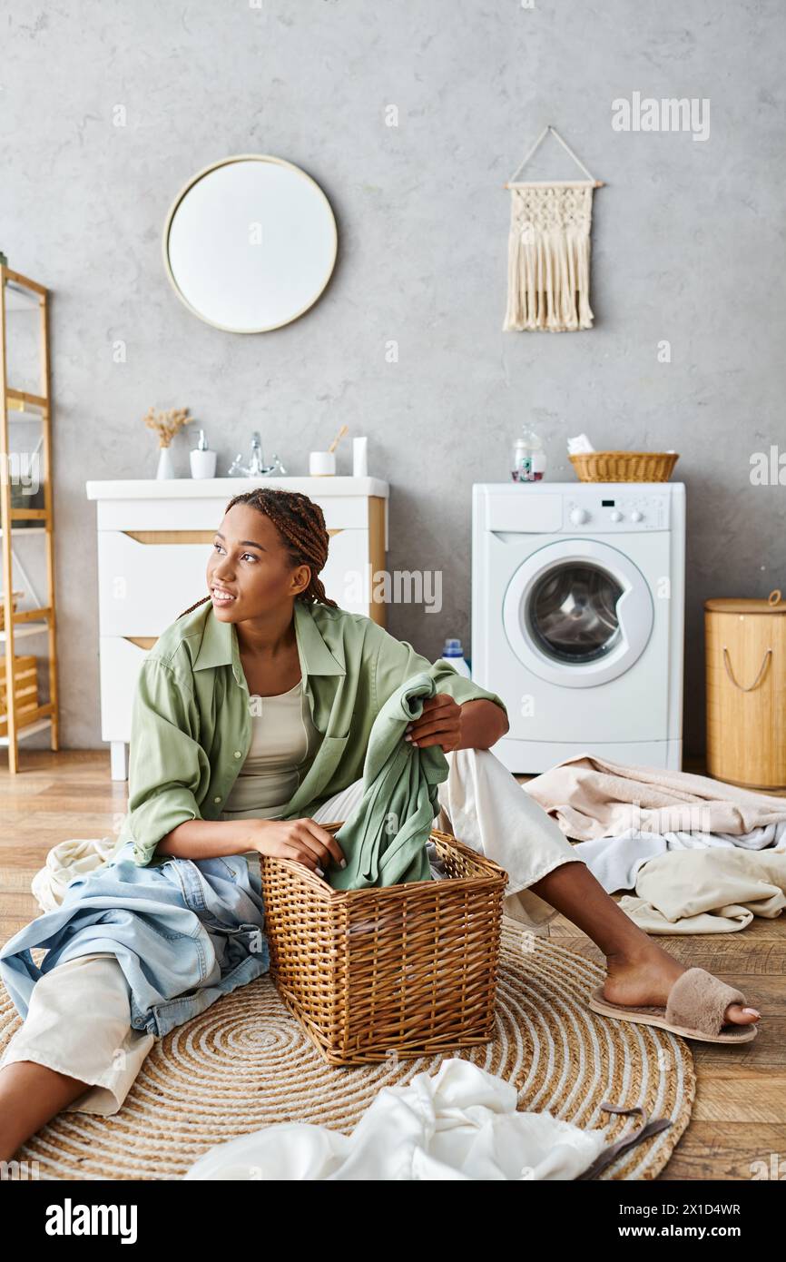 African American woman with afro braids sitting on the bathroom floor with a laundry basket, doing housework. Stock Photo