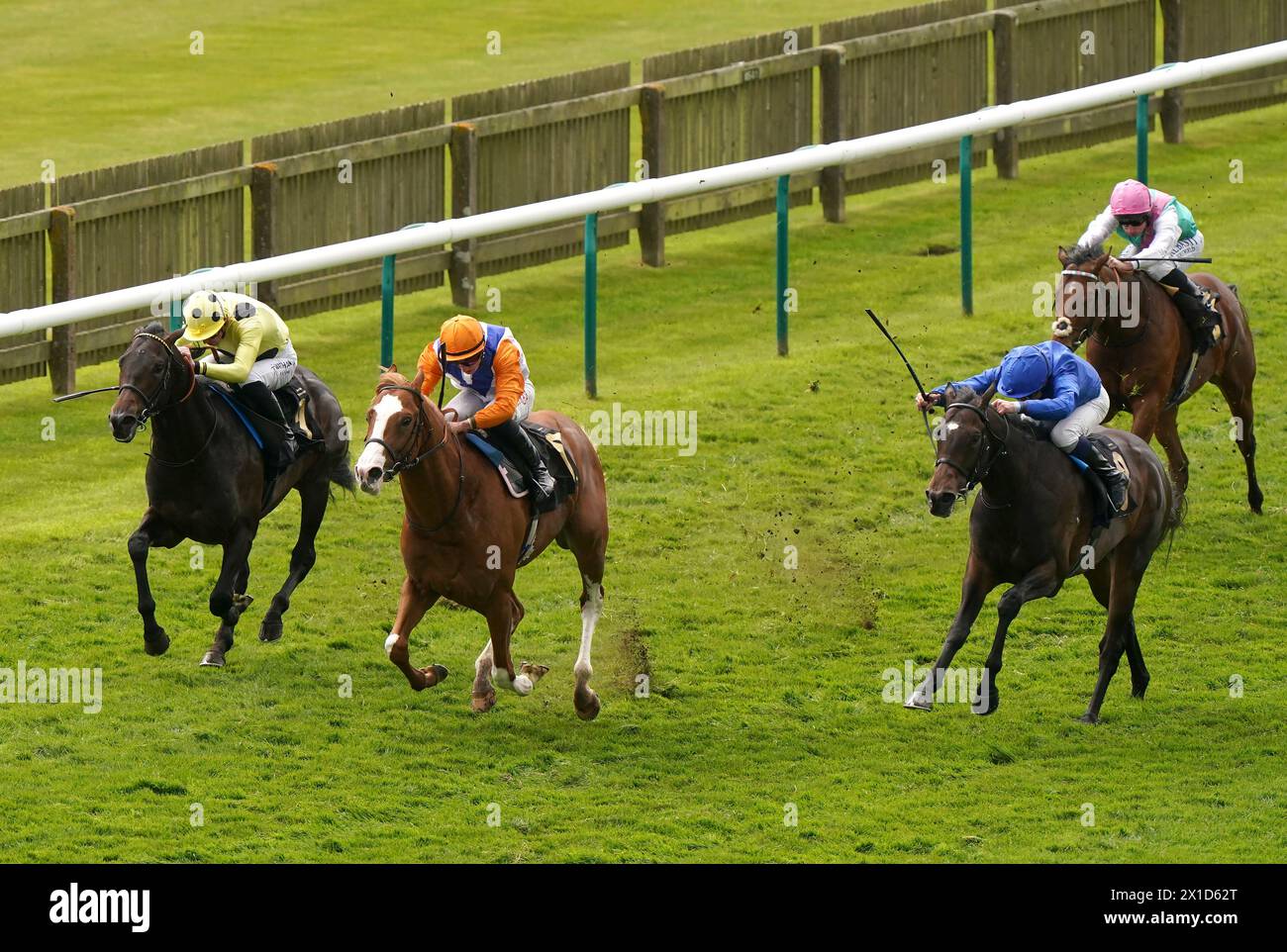 Ten Bob Tony ridden by Tom Marquand (second left) on their way to winning the bet365 EBF Conditions Stakes on day one of the bet365 Craven Meeting at Newmarket Racecourse. Picture date: Tuesday April 16, 2024. Stock Photo