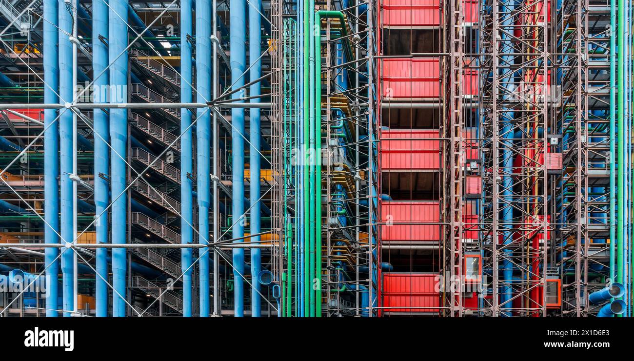Abstract facade at Centre Pompidou (or Beaubourg), colorful inside-out modern architecture by Renzo Piano and Richard Rogers in Paris France Stock Photo
