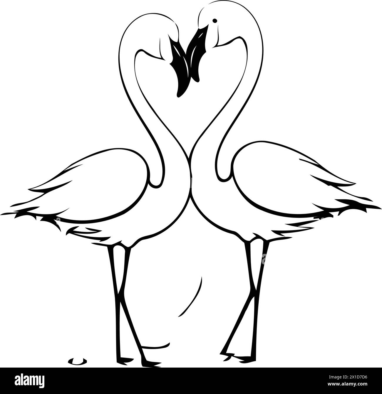 Two flamingos in love with hearts on a pink background. Vector