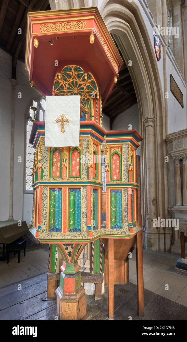 Richly painted and decorated pulpit (gifted by King Edward IV) in the christian church of St Mary, a former royal yorkist church at Fotheringhay. Stock Photo