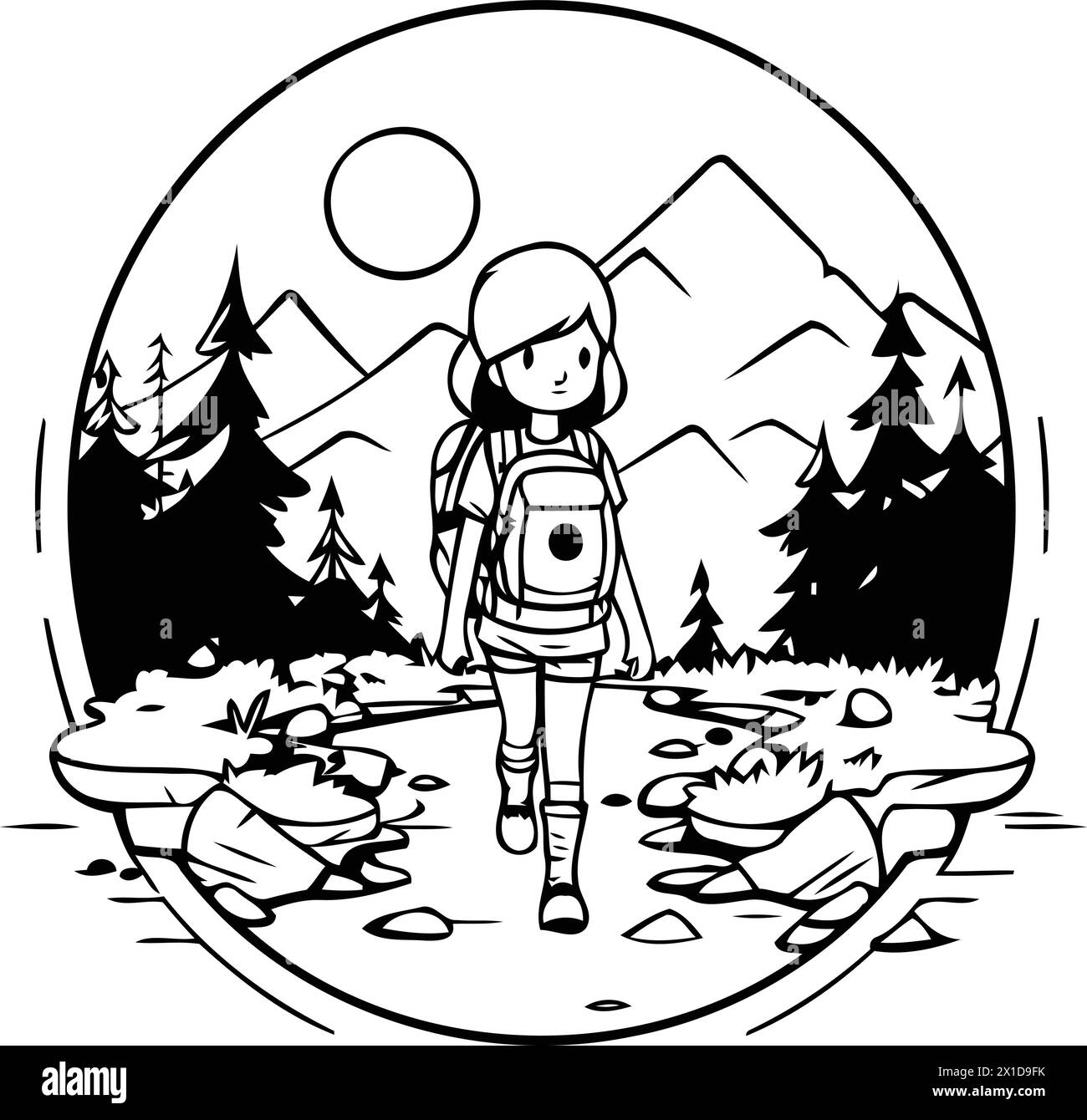 Hiking girl with backpack in the mountains. Vector illustration in cartoon style. Stock Vector