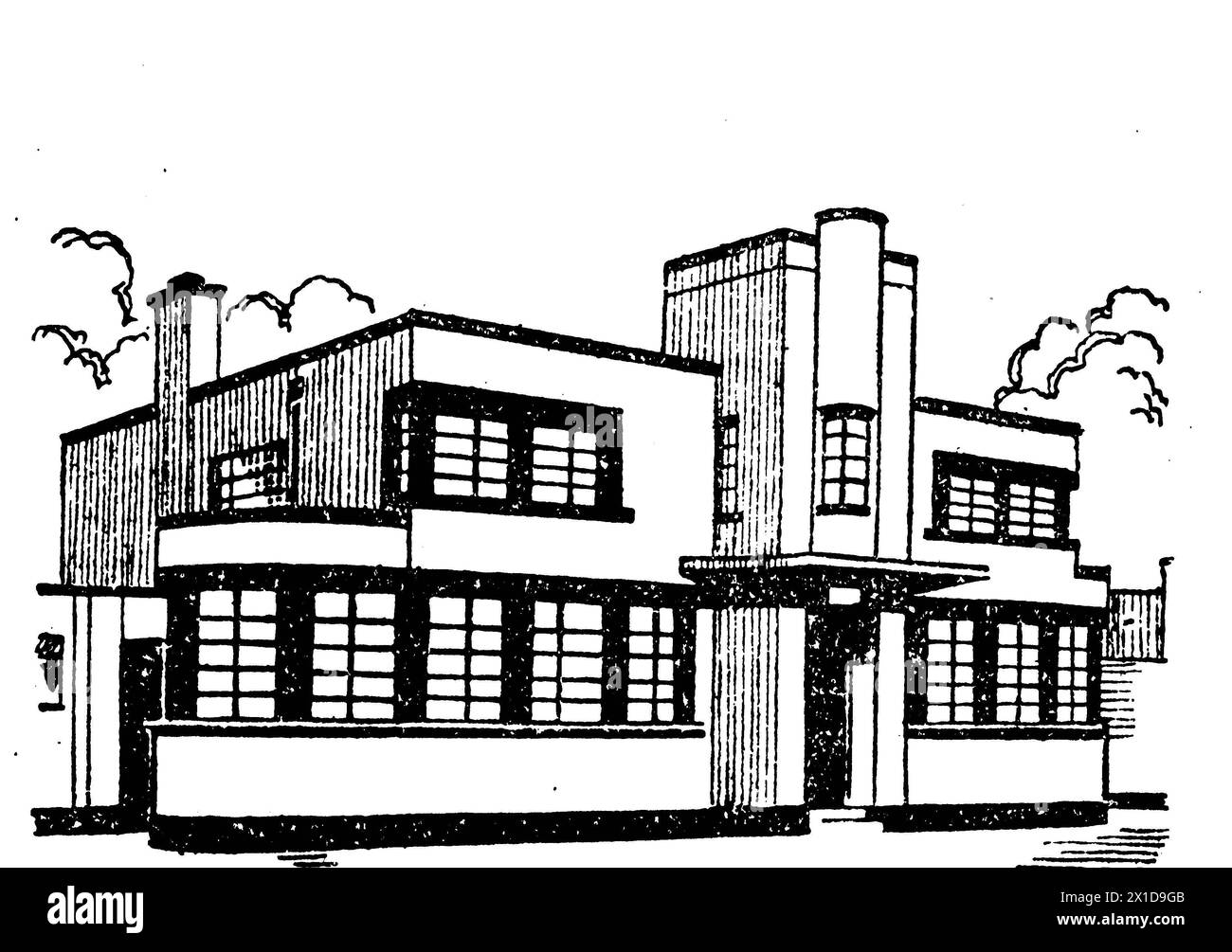 A black and white illustration of a piece of modernist architecture. Stock Photo