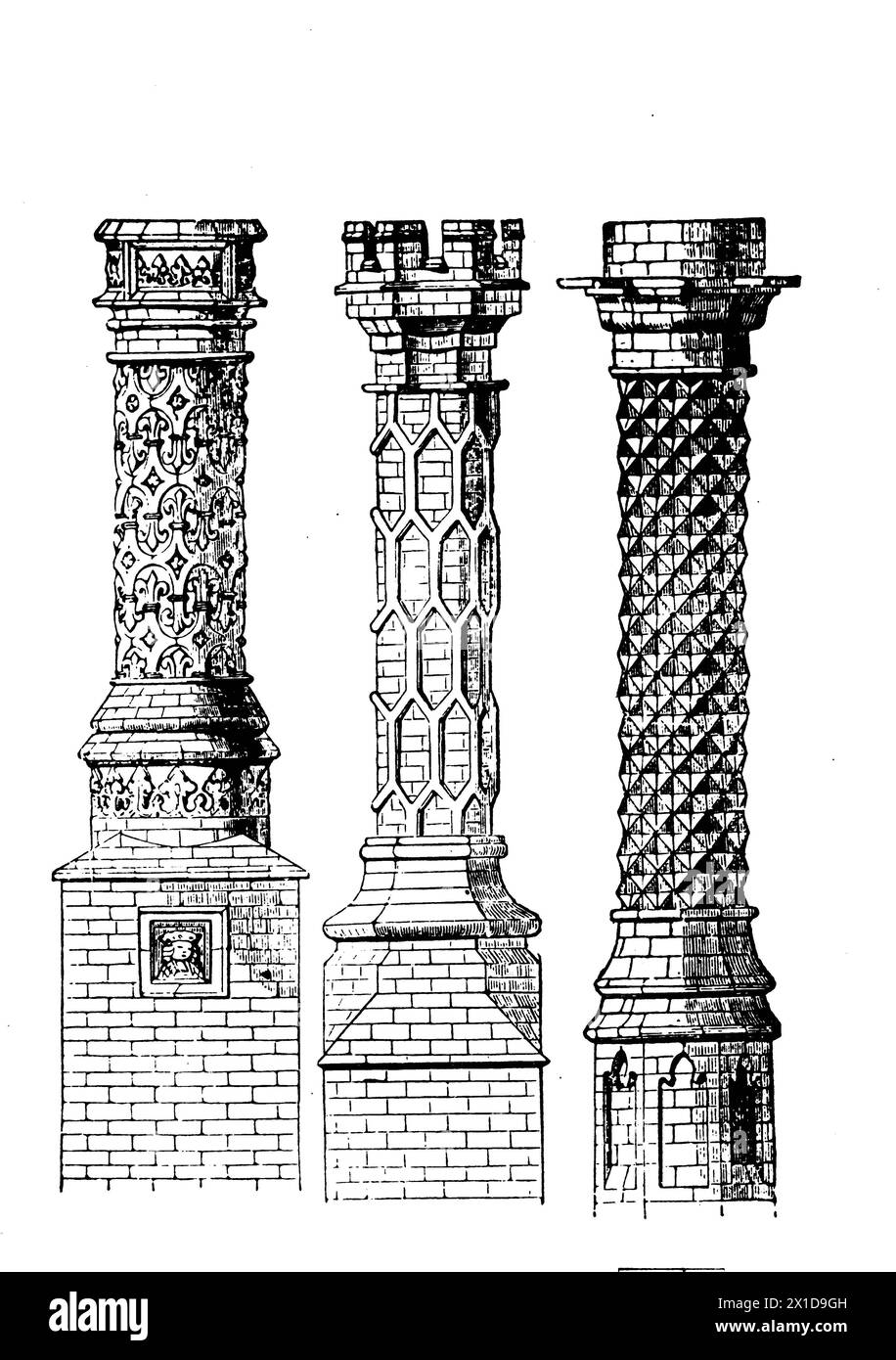 A historic 19th century illustration in black and white of decorative chimneys. Stock Photo