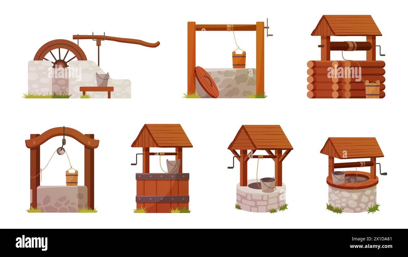 Water wells set. Wooden and stone old rural deep wells with bucket on rope for fresh drink and crank pulley, ancient brick structure in village farm garden or desert cartoon vector illustration Stock Vector