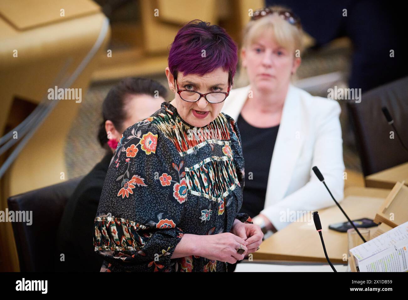 Edinburgh Scotland, UK 16 April 2024.  Cabinet Secretary for Justice and Home Affairs Angela Constance MSP at the Scottish Parliament for a Ministerial Statement on the Implementation of the Hate Crime and Public Order (Scotland) Act 2021 credit sst/alamy live news Stock Photo