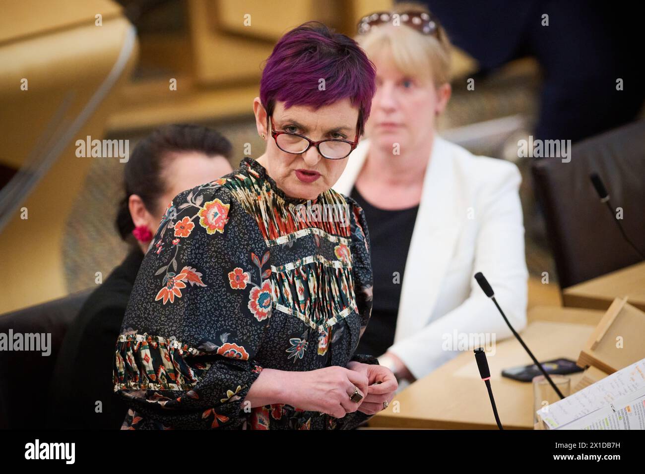 Edinburgh Scotland, UK 16 April 2024.  Cabinet Secretary for Justice and Home Affairs Angela Constance MSP at the Scottish Parliament for a Ministerial Statement on the Implementation of the Hate Crime and Public Order (Scotland) Act 2021 credit sst/alamy live news Stock Photo