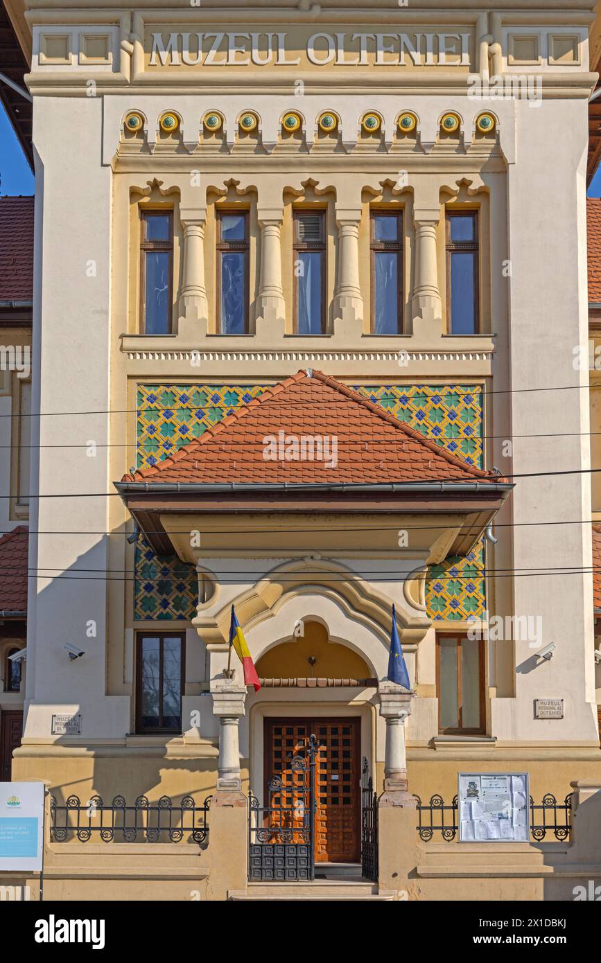 Craiova, Romania - March 16, 2024: Entrance to Oltenia Museum of History and Archaeology Building at Madona Dudu Street Sunny Spring Day. Stock Photo