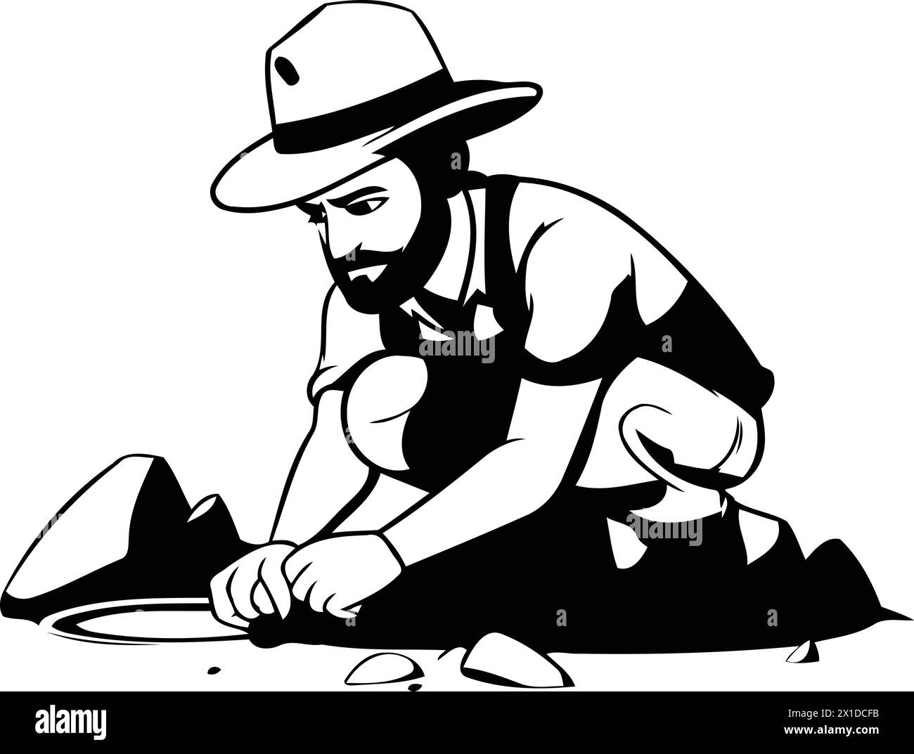 Vector illustration of a man digging a hole in the ground with a shovel
