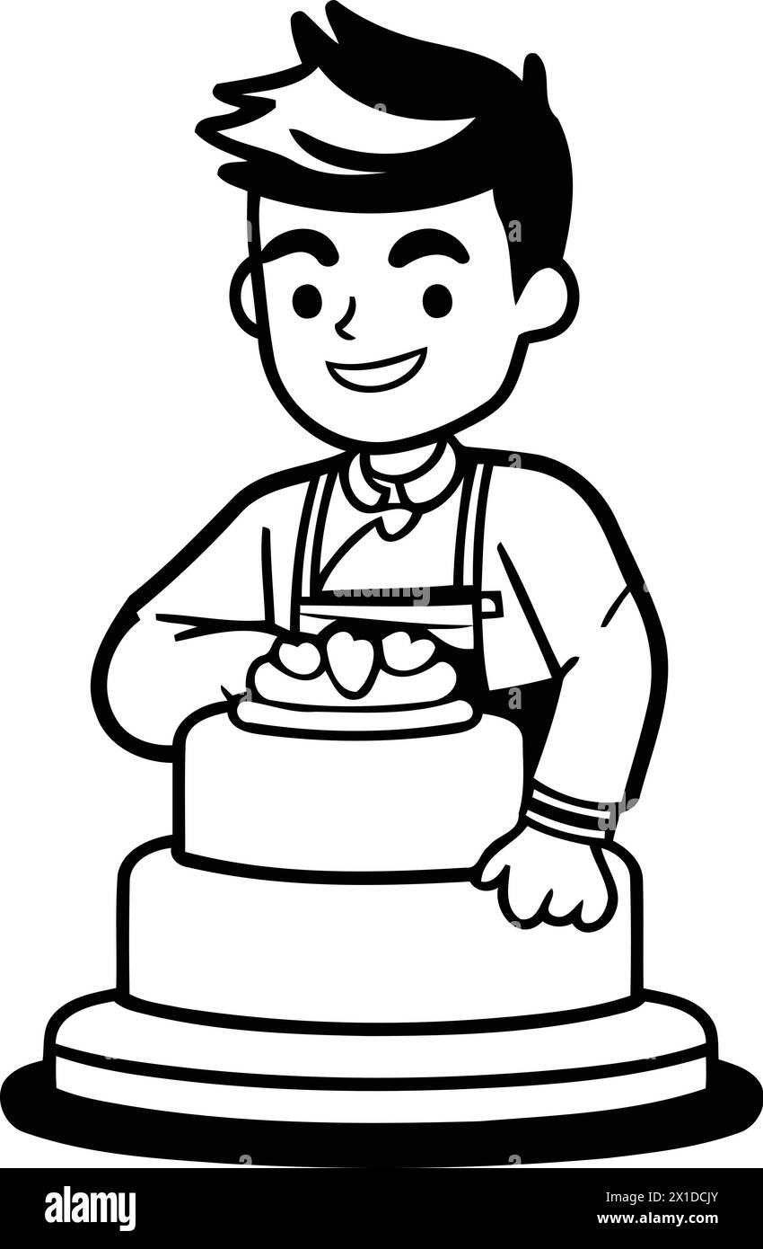 cute boy chef holding a piece of cake. cartoon vector illustration Stock Vector
