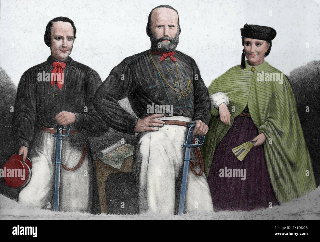 Giuseppe Garibaldi (1807-1882) with his son Menotti and daughter Teresa. Lithography, 19th century. Stock Photo