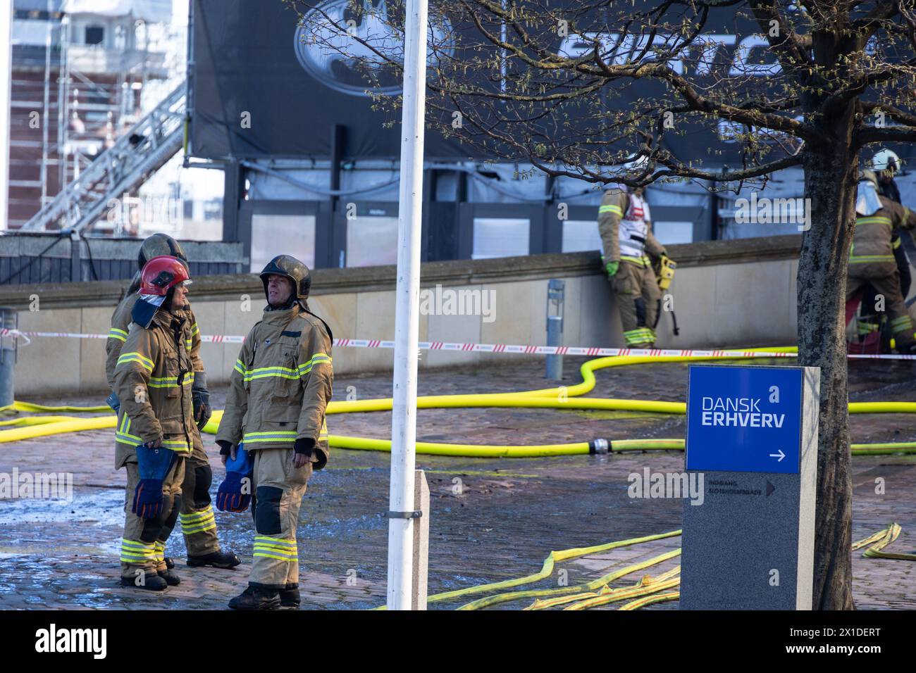 Firefighters try to extinguish flames at the historic Boersen Stock Exchange in Copenhagen on Tuesday, April 16, 2024 Copenhagen Christiansborg Palace Denmark Copyright: xKristianxTuxenxLadegaardxBergx 2E6A8581 Stock Photo