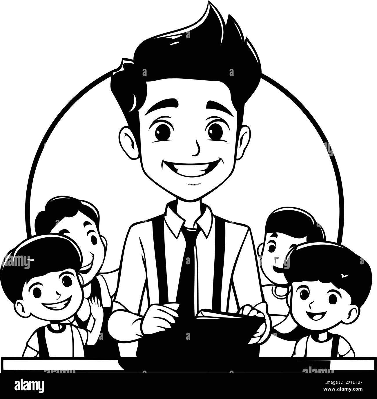 Happy cartoon man with typewriter and his children. Vector illustration. Stock Vector