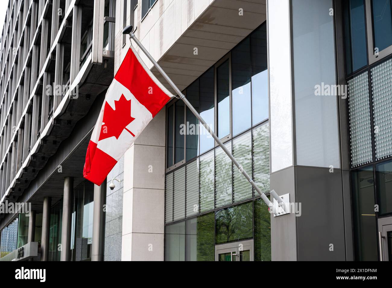 Brussels, Belgium, April 16, 2024 - Canadian flag at the Canadian embassy Stock Photo